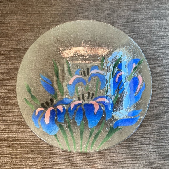 Vintage Sydenstricker Large Blue/Purple Floral Fused Glass Bowl with Square Base